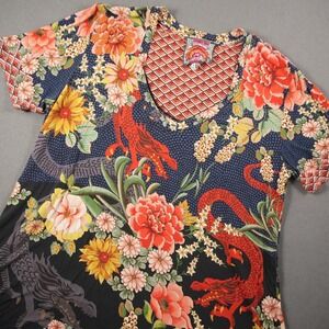 Johnny Was Dragon Floral Rose V-Neck T-Shirt Women M Bamboo Viscose Short Sleeve